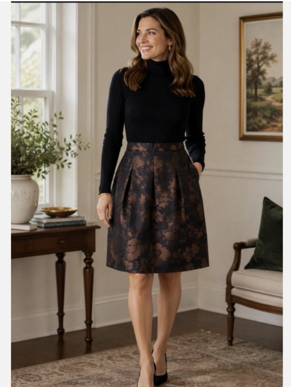 Talbots Black and Brown Floral Jacquard A-line Skirt size 6 - Picture 2 of 9